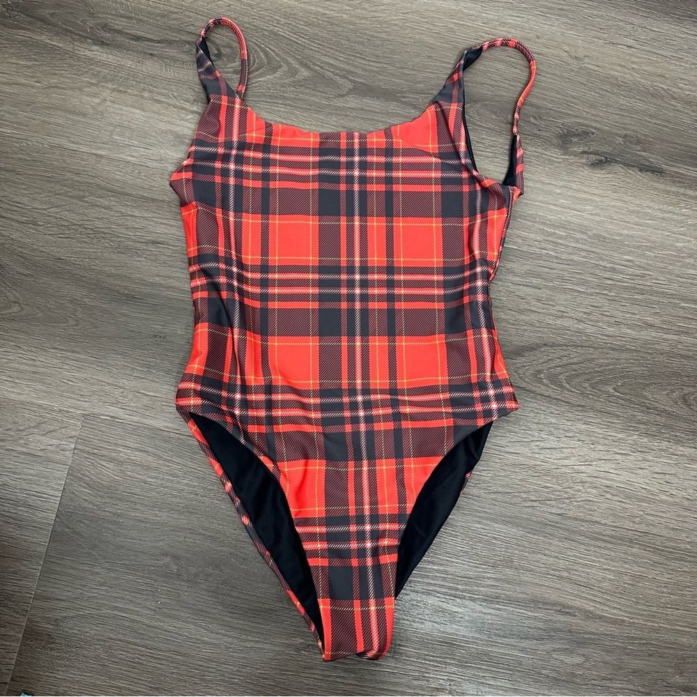 wildfox Red plaid one piece bathing suit XS